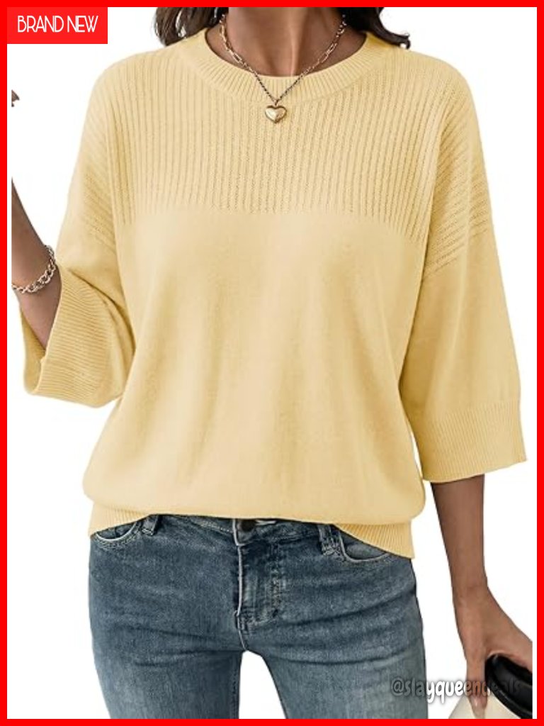 Oversized Casual Cropped 3/4 Sleeve Crewneck Knit Tops